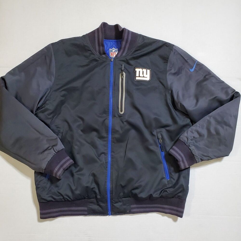 NIKE NFL NY GIANTS Jacket Coat Reversible L NY Black Blue Quilted Pockets Mens